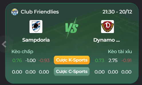 Soi kèo tài xỉu Sampdoria vs Dynamo Dresden trên UK88